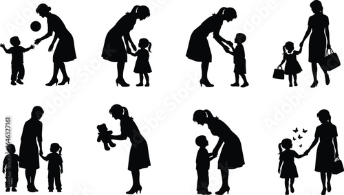 Mother and child silhouette set, nurturing moments, playing talking gifting walking, teddy bear scene, family bond, vector illustration, black art