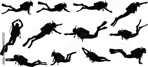 Scuba diver silhouettes, underwater swimming poses, diving gear illustration, ocean activity, fins and tanks, marine sport, vector collection