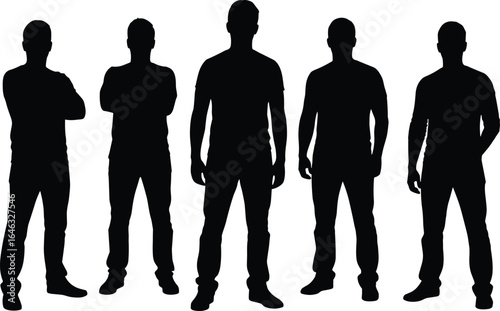 Set of five human silhouettes in varied standing poses, showcasing diverse postures and body language, isolated on white background