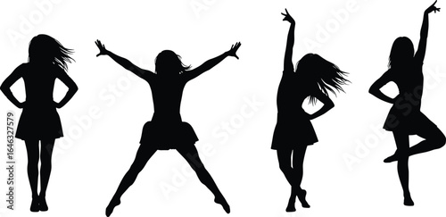 Set of four black silhouettes of dancers in expressive poses, showcasing dynamic movement and creativity, isolated on white background