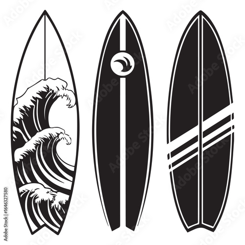 Three surfboard designs isolated on white background, showcasing different styles and patterns, perfect for summer vibes, beach culture, and surfing enthusiasts