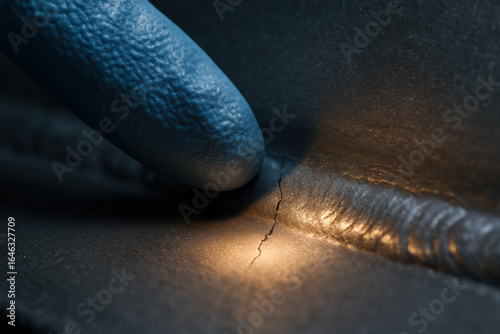 Inspection of the weld seam: A detailed, industrial macro shot presents a blue gloved hand delicately examining a meticulously welded seam for imperfections with sharp focus.