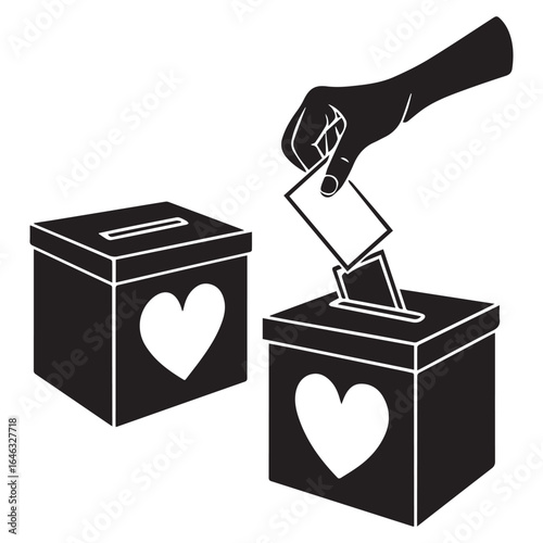 Voting and charity concept isolated on white background, featuring a hand putting a ballot in a box with a heart, perfect for elections, donations, and community support