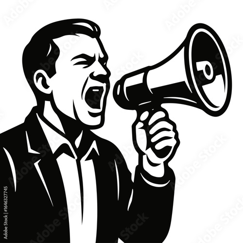 Powerful Announcement Vector Illustration - Man Speaking into Megaphone