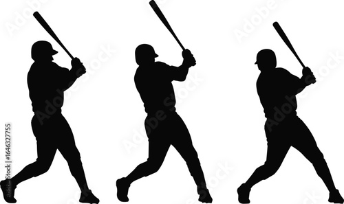 Set of three baseball player silhouettes in sequential swing poses, showcasing batting mechanics and motion, isolated on white background