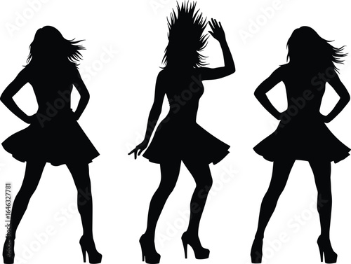 Set of three stylish woman silhouettes in dynamic dance poses with flowing hair and high heels, isolated on white background