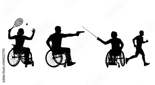 Disabled Athletes Silhouettes Engaging in Tennis, Shooting, Fencing, and Running