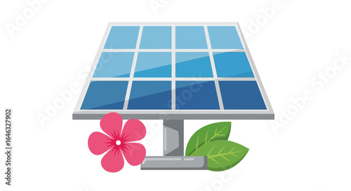 Eco-Friendly Energy Solar Panel, Flower and Leaves Symbolizing Sustainability and Renewable Resources.