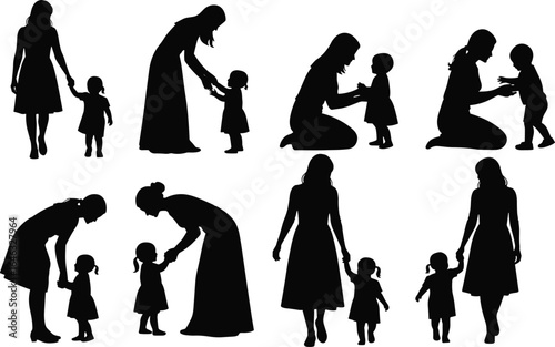 Silhouettes of adult and child interacting in various caring poses, isolated on white background for family relationship and parenting concept
