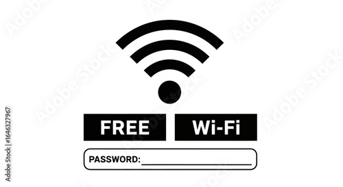 Vector illustration of a free Wi-Fi zone sign with password field, ideal for public spaces, businesses, and digital connectivity advertisements.