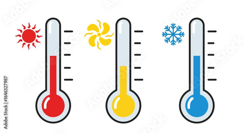 Thermometer Icons Illustrating Hot, Moderate, and Cold Temperatures with Symbols of Sun, Fan, and Snowflake