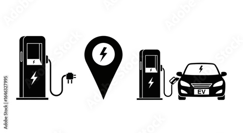 Modern Electric Vehicle Charging Station Icons Showcasing Sustainable Transportation and Future Energy Solutions for Eco-Friendly Mobility.
