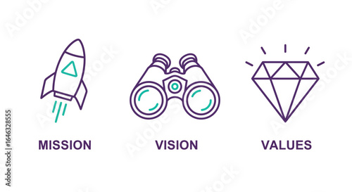 Mission, Vision, and Values Icons Representing Business Goals and Strategy
