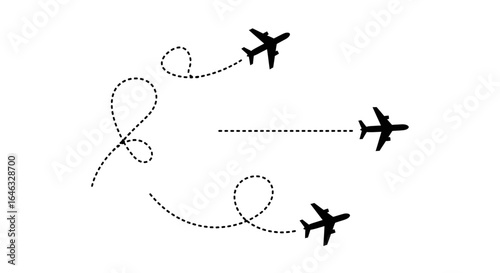 Modern vector illustration featuring three airplanes with distinct dotted line flight paths, embodying air travel, journey progression, and navigation concepts.