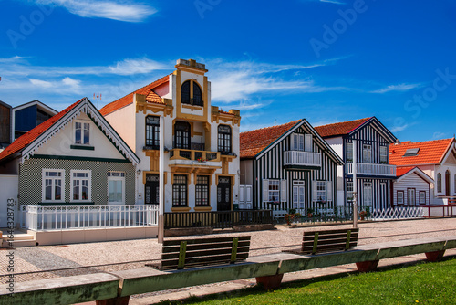 Costa Nova, Aveiro, Portugal: colorful striped houses called Palheiros at street