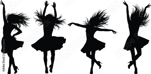 Silhouettes of female dancers in flowing dresses and high heels, graceful poses with long hair, elegant movement, vector illustration set
