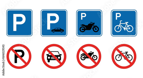 Essential set of blue parking and red no parking road signs, featuring symbols for various vehicles like cars, motorcycles, and bicycles, representing universal traffic regulations.