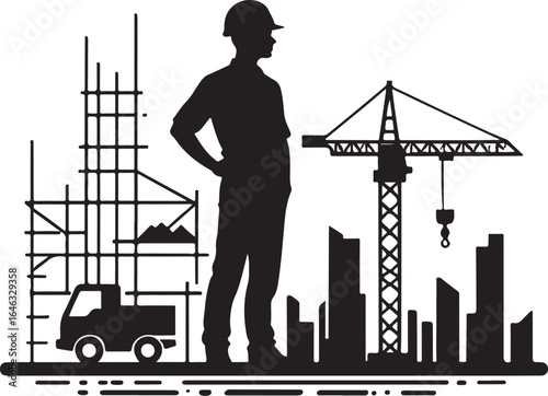 Black silhouette of construction worker overseeing city skyline with crane and scaffolding vector