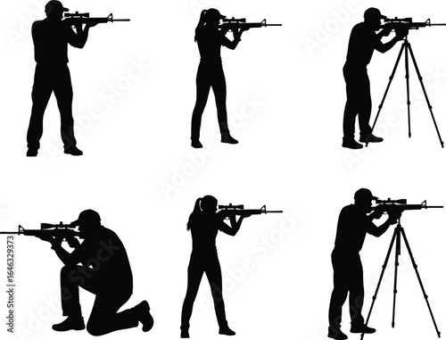 Silhouettes of people aiming rifles in standing, kneeling, tripod shooting positions, firearm training, isolated on white background, stock photo