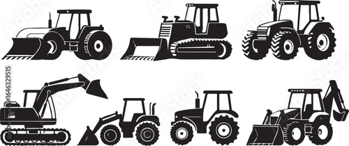 Collection of black silhouette construction and agricultural vehicles tractor bulldozer