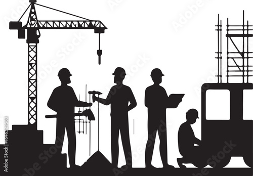 Construction workers operating crane and scaffolding with truck silhouette vector
