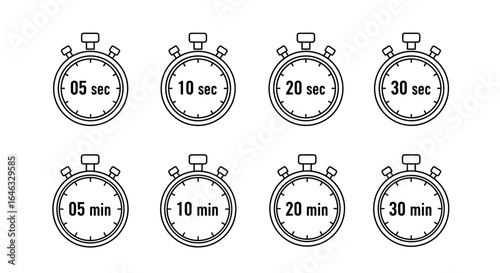 Set of Line Art Stopwatches Depicting Various Time Intervals from Seconds to Minutes, Ideal for Measurement, Deadline, or Countdown Concepts.