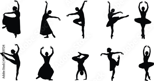 Silhouettes of ten ballet dancers in classical poses, showcasing elegant movement and posture, isolated on white background for dance illustration