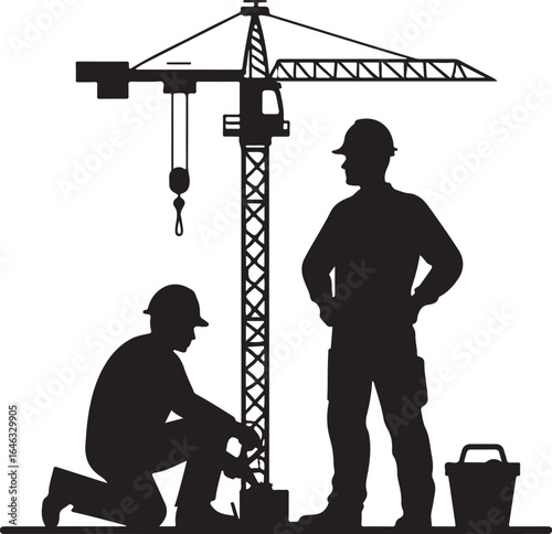 Two construction workers in hard hats with a tower crane and bucket vector