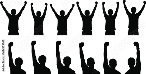 Silhouettes of twelve people raising arms in celebration and triumph, expressing unity, joy, and victory on white background