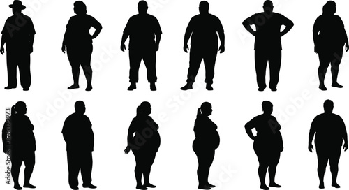 Silhouettes of twelve overweight people in casual standing poses, diverse body shapes, isolated on white background for health and lifestyle concepts