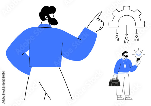 Leader pointing at a workflow with gears and team roles while holding a lightbulb. Ideal for teamwork, leadership, productivity, innovation, management, business strategy, decision-making. Simple
