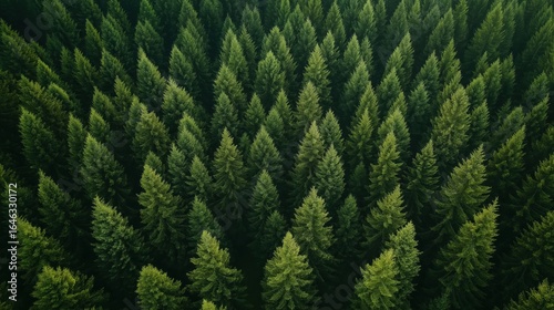 Fototapeta Naklejka Na Ścianę i Meble -  An aerial shot of a dense, vibrant pine forest with a rich green texture.