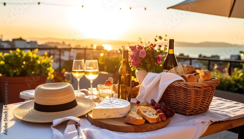 Fototapeta Naklejka Na Ścianę i Meble -  Outdoor cheese and wine picnic at sunset