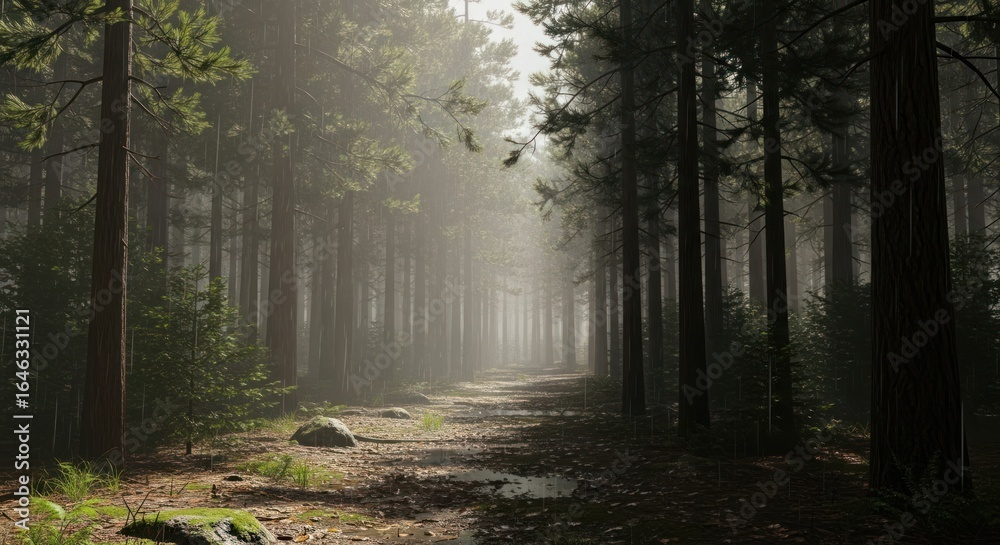 Fototapeta premium Misty Forest Path with Towering Green Trees and Sunlight