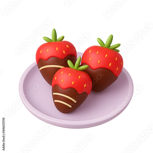 Three chocolate dipped strawberries on a pink plate isolated on transparent background