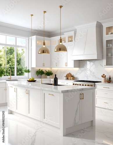 White kitchen island with marble countertop