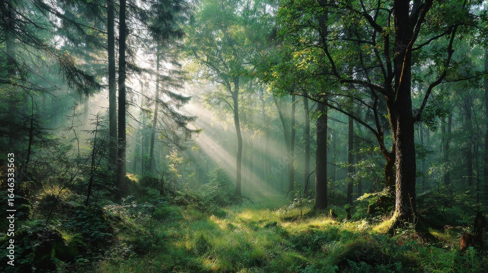 Fototapeta premium Sunlit Forest Canopy: Capturing the ethereal beauty of a sun-drenched forest canopy, with sunlight streaming through the trees. Experience the peaceful, natural setting.