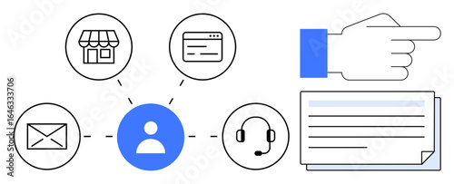 Central user icon connected to store, email, browser, and headset visuals, alongside a pointing hand and file card. Ideal for customer support, communication, multichannel strategy, organization
