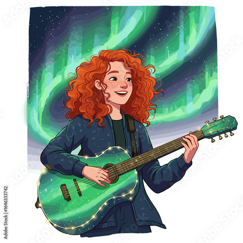 Musician Playing The Aurora Borealis Illustration White Background