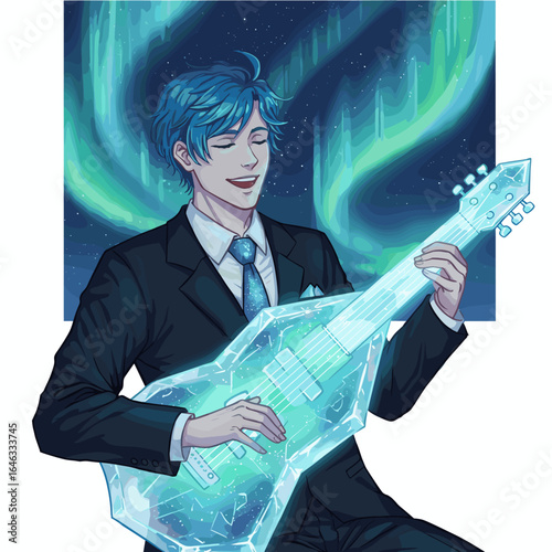 Musician Playing The Aurora Borealis Illustration White Background