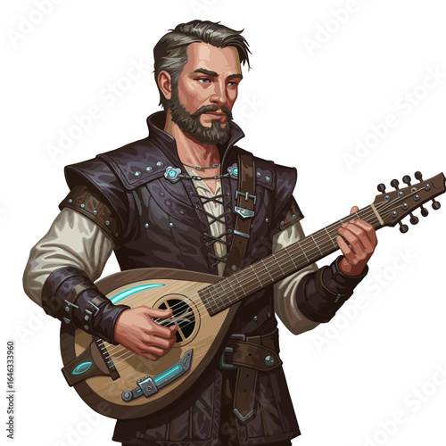 Bard Playing Electric Lute Illustration White Background