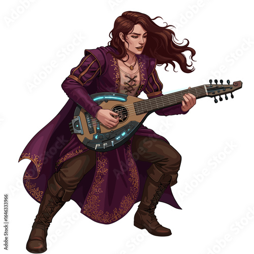 Bard Playing Electric Lute Illustration White Background