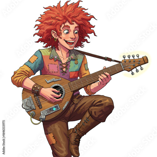 Bard Playing Electric Lute Illustration White Background