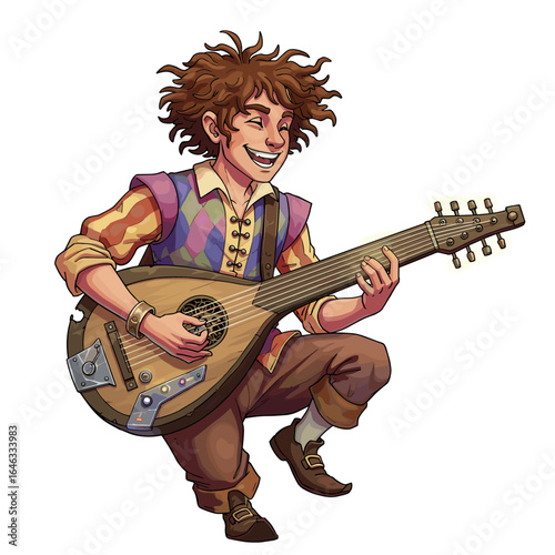 Bard Playing Electric Lute Illustration White Background