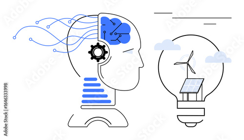 Human head with neural connections, gears, and AI brain interacting with a lightbulb containing solar panels and wind turbine. Ideal for sustainability, innovation, AI, energy, technology, future