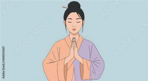 Minimalist illustration of a woman meditating with eyes closed, hands in prayer position, conveying gratitude and peaceful energy.