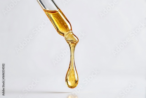 Golden oil dripping from a glass pipette against a white background