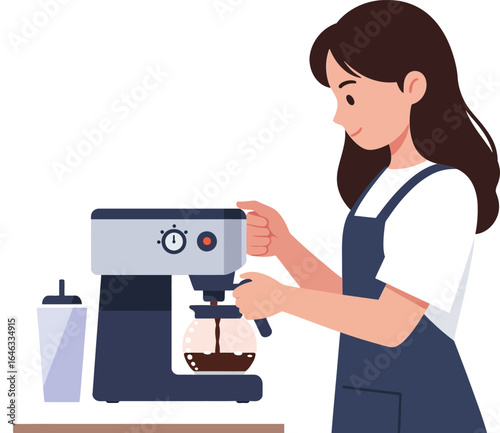 Woman making coffee with espresso machine in kitchen enjoying morning beverage preparation vector illustration