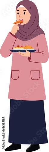 Muslim woman wearing hijab eating food holding plate vector illustration in casual clothing
