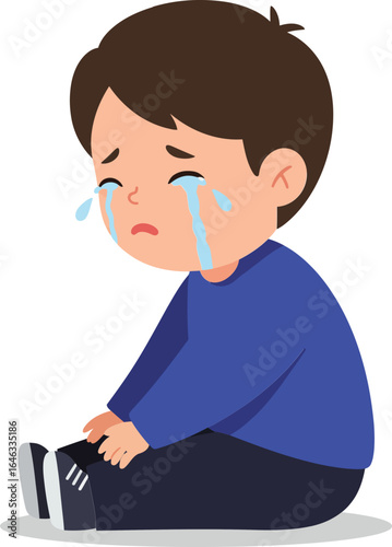 Sad crying little boy sitting on floor with tears running down face in blue sweater and dark pants vector illustration
